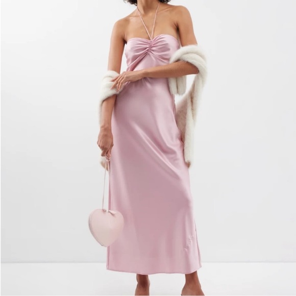 strapless light pink maxi dress Light Rose Strapless Rhinestone Maxi Dress With Slit